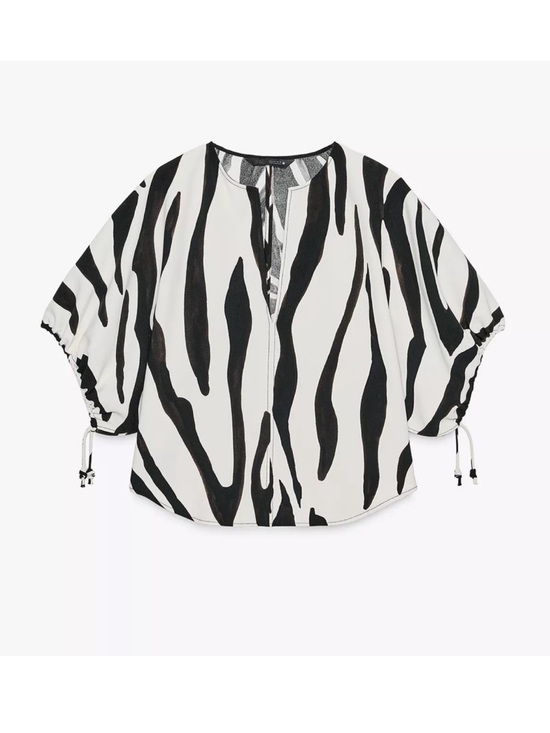 Zara Tops - Zara ZW Round Neck Blouse w V-Neck Short Puff Sleeves Animal Zebra Print NWT M